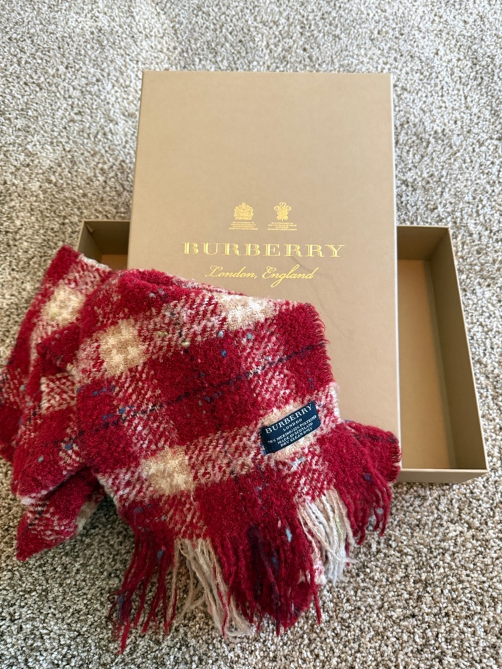 Burberry Red and Cream Checked Fringe Scarf